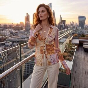 Free People Sheer Mesh Patchwork Floral Ruched Button Down Top Yellow Pink L